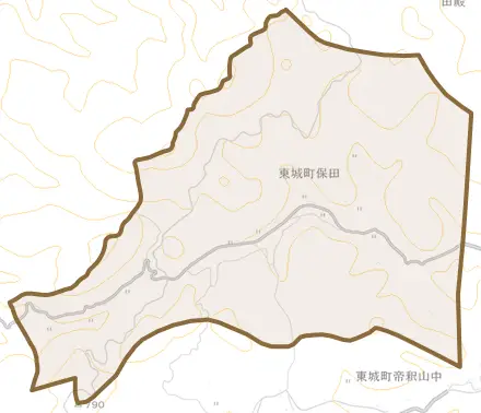 東城町保田とその周辺の地図。町の範囲を重ねている
