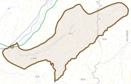 上谷町とその周辺の地図。町の範囲を重ねている