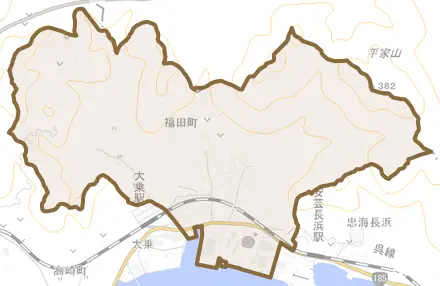 福田町とその周辺の地図。町の範囲を重ねている