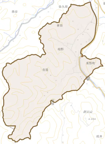 東野町とその周辺の地図。町の範囲を重ねている