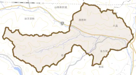 西野町とその周辺の地図。町の範囲を重ねている