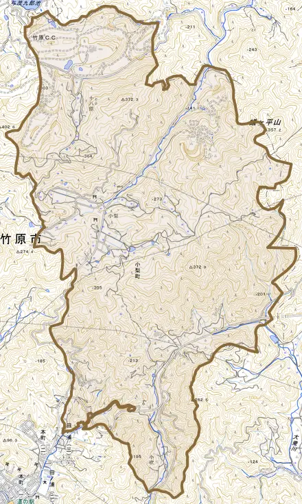 小梨町とその周辺の地図。町の範囲を重ねている