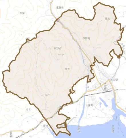 下野町とその周辺の地図。町の範囲を重ねている