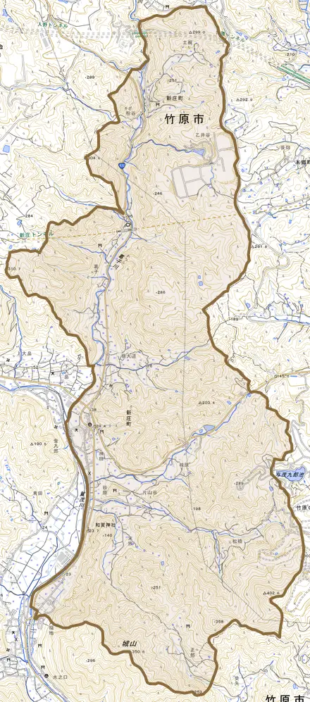 新庄町とその周辺の地図。町の範囲を重ねている