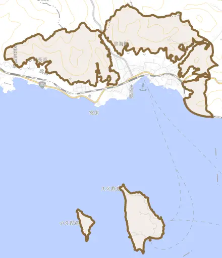 忠海町とその周辺の地図。町の範囲を重ねている