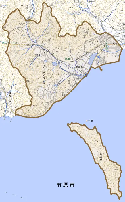 高崎町とその周辺の地図。町の範囲を重ねている