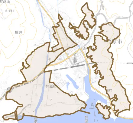 竹原町とその周辺の地図。町の範囲を重ねている