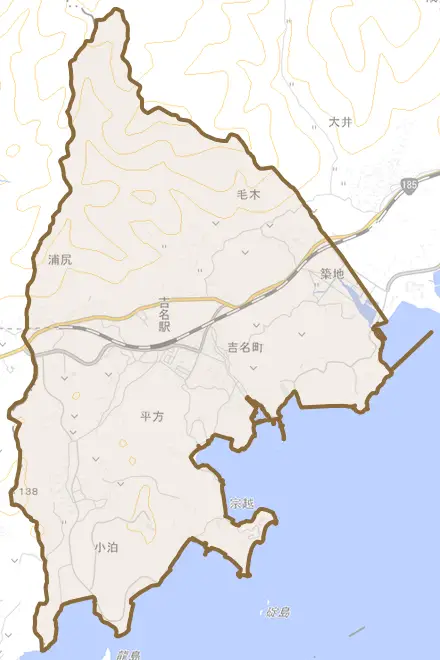吉名町とその周辺の地図。町の範囲を重ねている