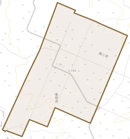 字東網走とその周辺の地図。町の範囲を重ねている