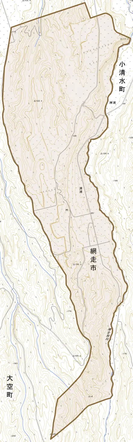 字清浦とその周辺の地図。町の範囲を重ねている