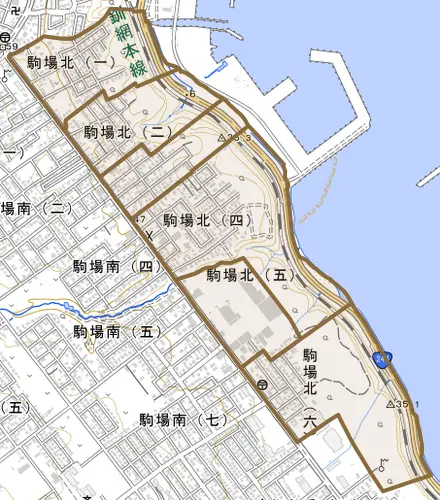 駒場北とその周辺の地図。町の範囲を重ねている