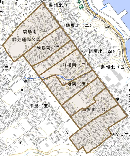 駒場南とその周辺の地図。町の範囲を重ねている