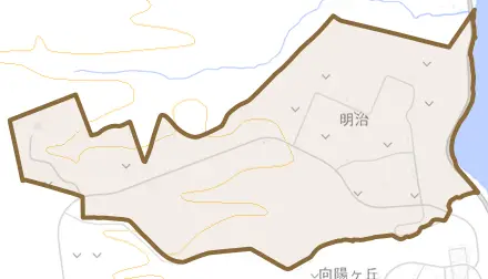 字明治とその周辺の地図。町の範囲を重ねている
