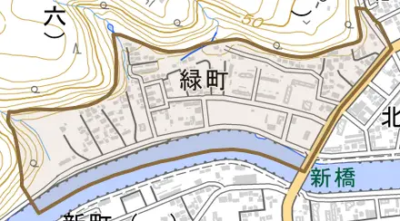 緑町とその周辺の地図。町の範囲を重ねている