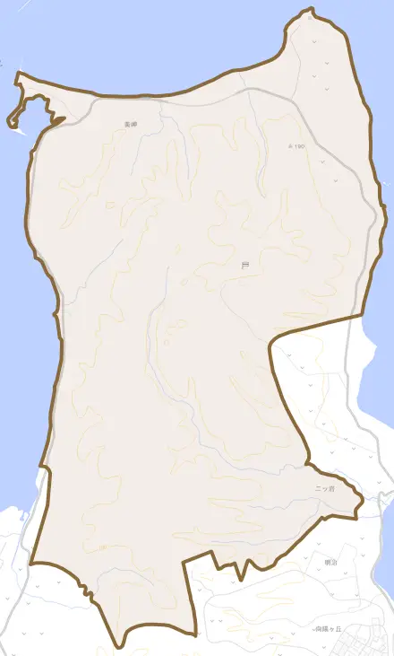 字美岬とその周辺の地図。町の範囲を重ねている