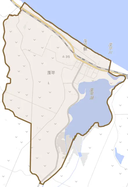 字藻琴とその周辺の地図。町の範囲を重ねている
