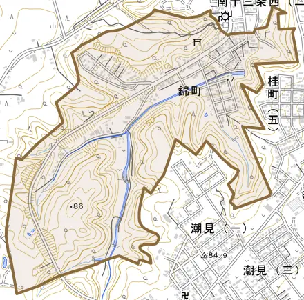 錦町とその周辺の地図。町の範囲を重ねている