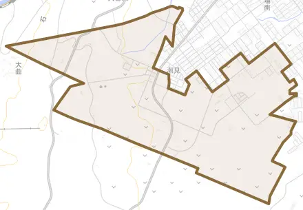 字潮見とその周辺の地図。町の範囲を重ねている