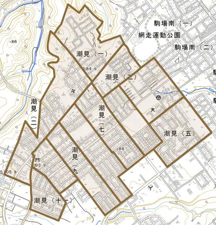 潮見とその周辺の地図。町の範囲を重ねている