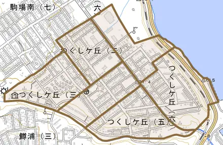つくしケ丘とその周辺の地図。町の範囲を重ねている