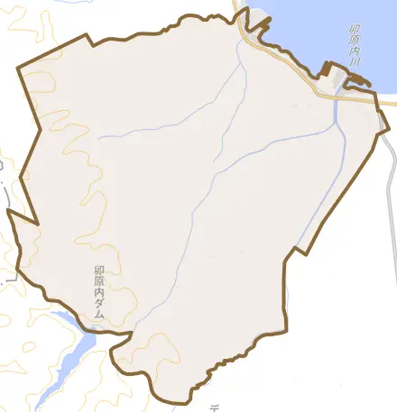 字卯原内とその周辺の地図。町の範囲を重ねている