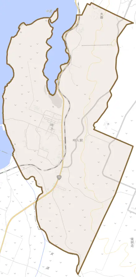 字呼人とその周辺の地図。町の範囲を重ねている