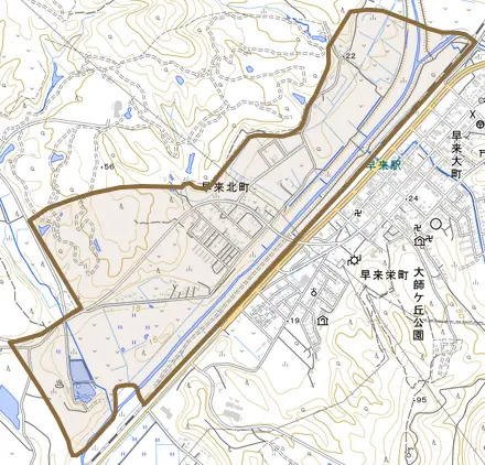 早来北町とその周辺の地図。町の範囲を重ねている