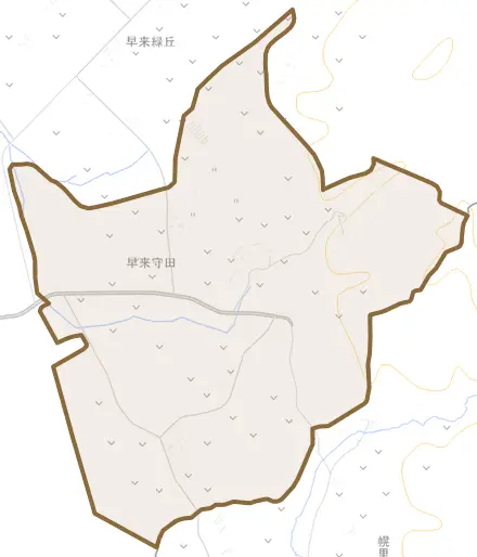 早来守田とその周辺の地図。町の範囲を重ねている