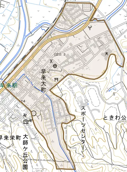 早来大町とその周辺の地図。町の範囲を重ねている