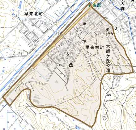 早来栄町とその周辺の地図。町の範囲を重ねている