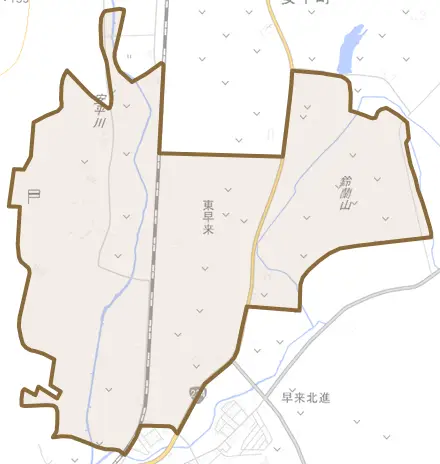 東早来とその周辺の地図。町の範囲を重ねている
