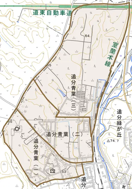追分青葉とその周辺の地図。町の範囲を重ねている