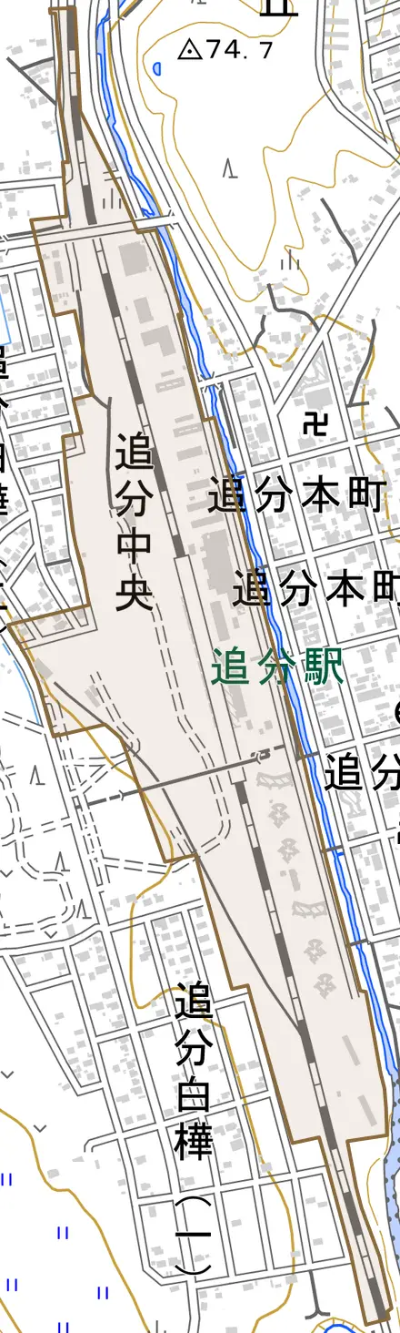 追分中央とその周辺の地図。町の範囲を重ねている