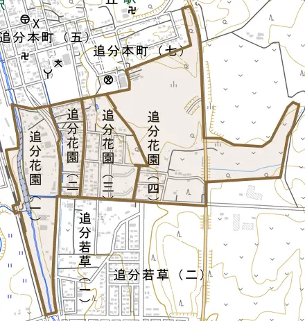 追分花園とその周辺の地図。町の範囲を重ねている