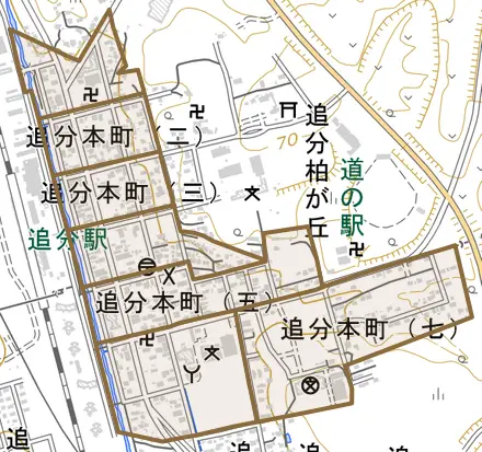 追分本町とその周辺の地図。町の範囲を重ねている