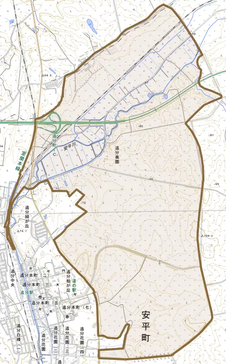 追分美園とその周辺の地図。町の範囲を重ねている