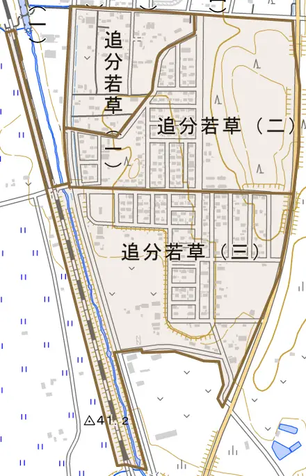 追分若草とその周辺の地図。町の範囲を重ねている