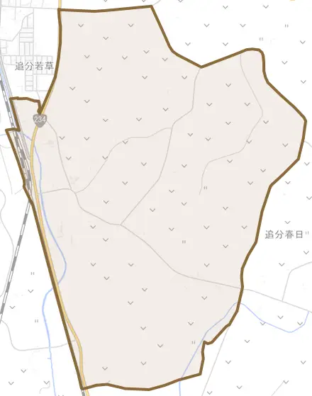 追分弥生とその周辺の地図。町の範囲を重ねている