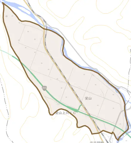 字愛山とその周辺の地図。町の範囲を重ねている