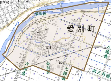 字東町とその周辺の地図。町の範囲を重ねている