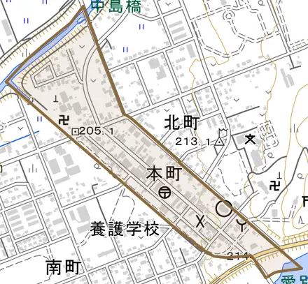 字本町とその周辺の地図。町の範囲を重ねている