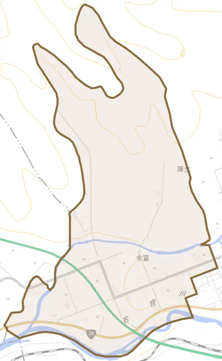 字金富とその周辺の地図。町の範囲を重ねている