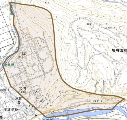 字北町とその周辺の地図。町の範囲を重ねている