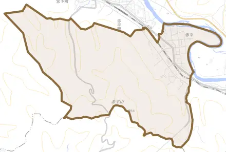 字赤平とその周辺の地図。町の範囲を重ねている