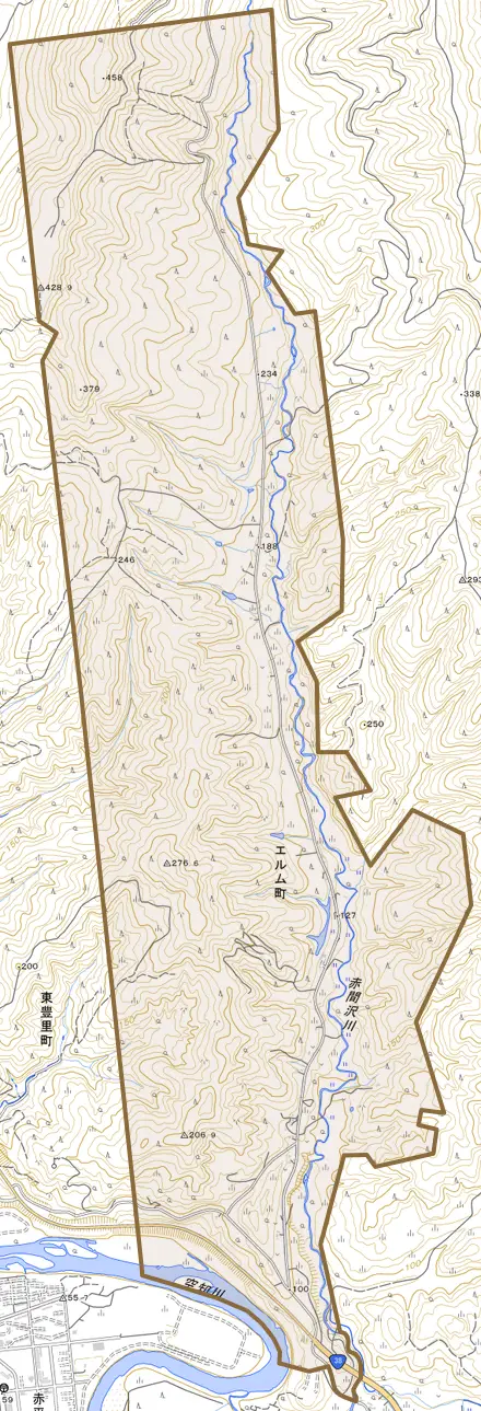 エルム町とその周辺の地図。町の範囲を重ねている