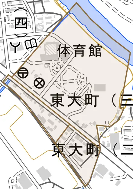 東大町とその周辺の地図。町の範囲を重ねている