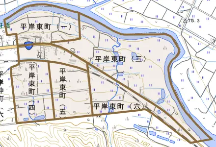 平岸東町とその周辺の地図。町の範囲を重ねている