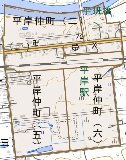 平岸仲町とその周辺の地図。町の範囲を重ねている