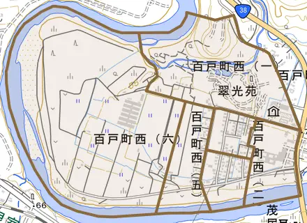 百戸町西とその周辺の地図。町の範囲を重ねている