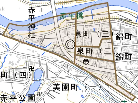 泉町とその周辺の地図。町の範囲を重ねている